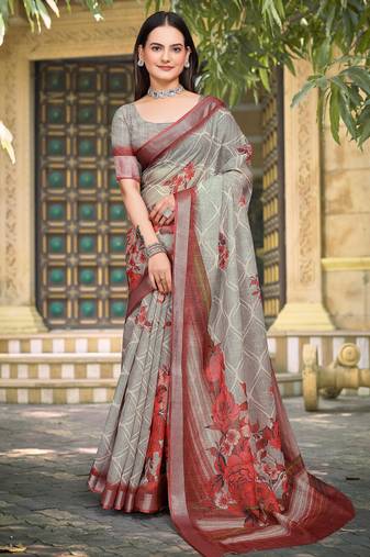 grey red cotton blend saree with floral print