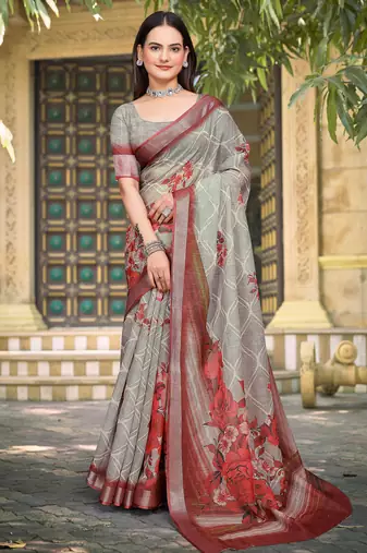 grey red cotton blend saree with floral print