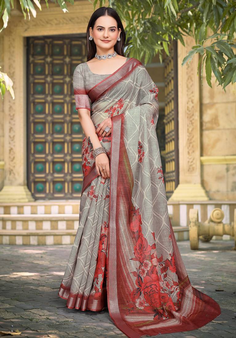 grey red cotton blend saree with floral print