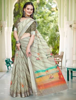 sea green cotton blend digital print saree 4