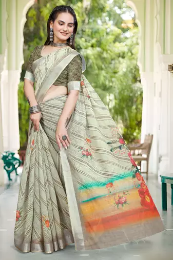 sea green cotton blend digital print saree