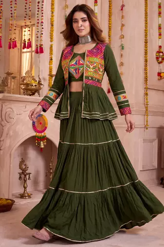 Mehendi Green Cotton Mirror & Gamthi Work Lehenga Choli Set