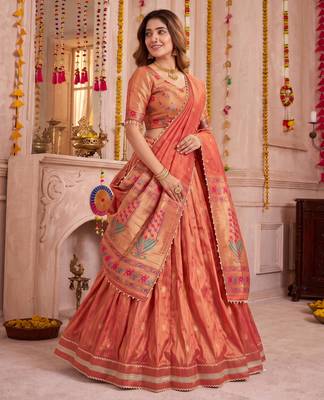 Coral Shimmer Zari Weaving Lehenga Choli with Dupatta 3