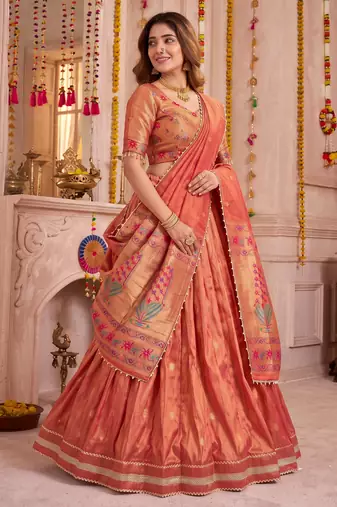 Coral Shimmer Zari Weaving Lehenga Choli with Dupatta