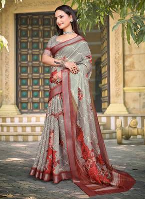 grey red cotton blend saree with floral print 2