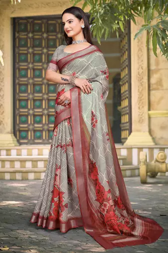 grey red cotton blend saree with floral print