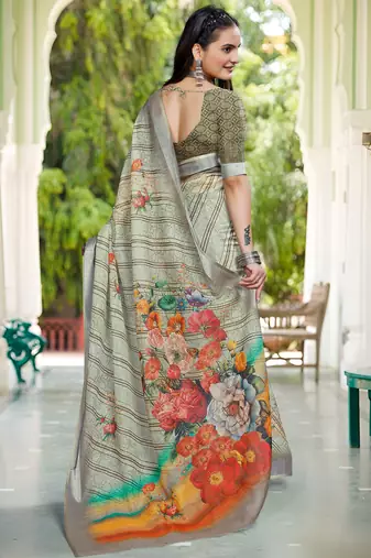 sea green cotton blend digital print saree