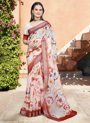 white multicolor cotton blend saree with floral print 1