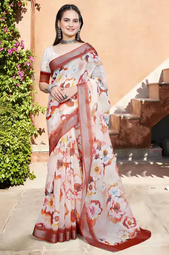 white multicolor cotton blend saree with floral print