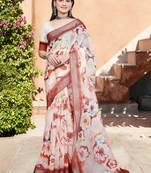 white multicolor cotton blend saree with floral print