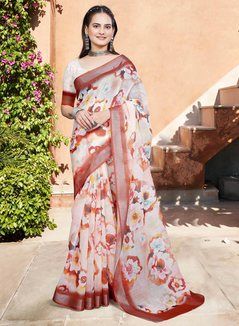 white multicolor cotton blend saree with floral print
