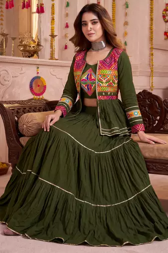 Mehendi Green Cotton Mirror & Gamthi Work Lehenga Choli Set