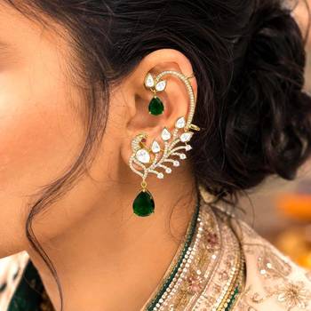 Emerald Green Kundan Peacock Ear Cuff Earrings, Gold Finish Bridal Ear Wrap 1