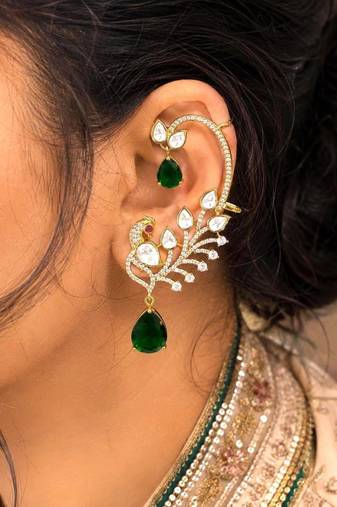 Emerald Green Kundan Peacock Ear Cuff Earrings, Gold Finish Bridal Ear Wrap