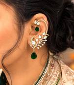 Emerald Green Kundan Peacock Ear Cuff Earrings, Gold Finish Bridal Ear Wrap