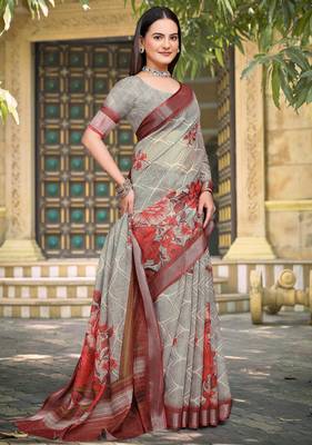 grey red cotton blend saree with floral print 3