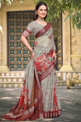 grey red cotton blend saree with floral print