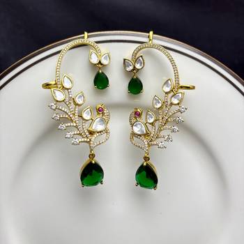 Emerald Green Kundan Peacock Ear Cuff Earrings, Gold Finish Bridal Ear Wrap 2
