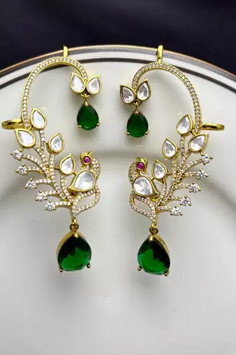 Emerald Green Kundan Peacock Ear Cuff Earrings, Gold Finish Bridal Ear Wrap