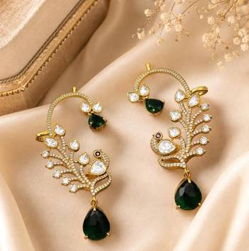 Emerald Green Kundan Peacock Ear Cuff Earrings, Gold Finish Bridal Ear Wrap 3