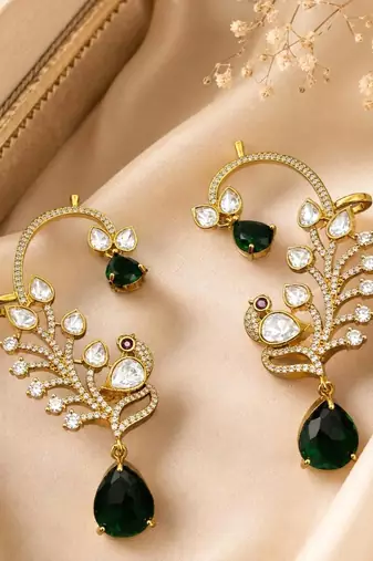 Emerald Green Kundan Peacock Ear Cuff Earrings, Gold Finish Bridal Ear Wrap