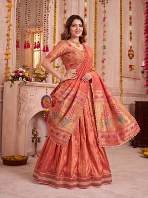 Coral Shimmer Zari Weaving Lehenga Choli with Dupatta 4