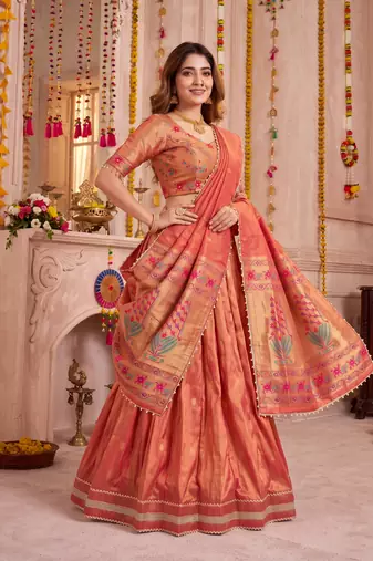 Coral Shimmer Zari Weaving Lehenga Choli with Dupatta