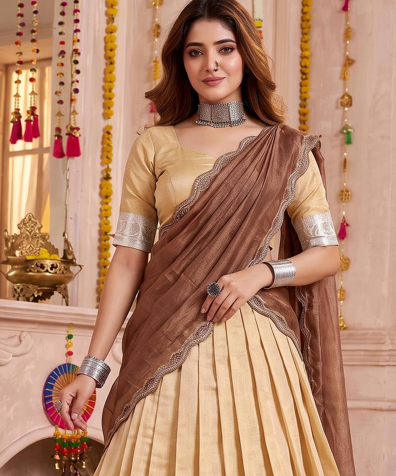 Cream Kanchipuram Zari Weaving Lehenga Choli with Dupatta