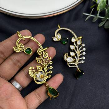 Emerald Green Kundan Peacock Ear Cuff Earrings, Gold Finish Bridal Ear Wrap 4