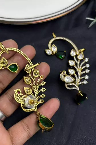 Emerald Green Kundan Peacock Ear Cuff Earrings, Gold Finish Bridal Ear Wrap