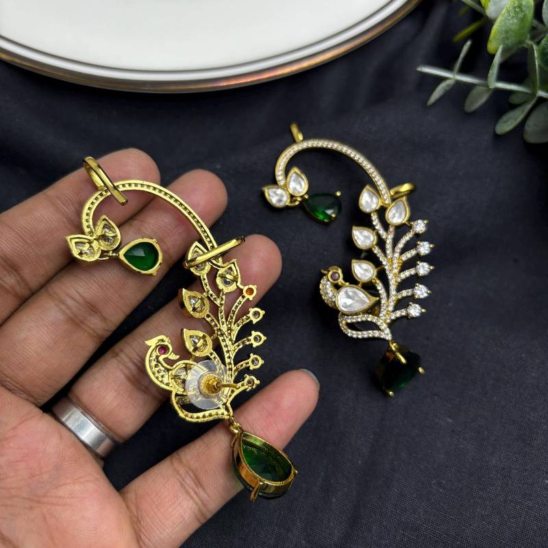 Emerald Green Kundan Peacock Ear Cuff Earrings, Gold Finish Bridal Ear Wrap