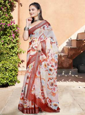 white multicolor cotton blend saree with floral print 2