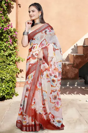 white multicolor cotton blend saree with floral print