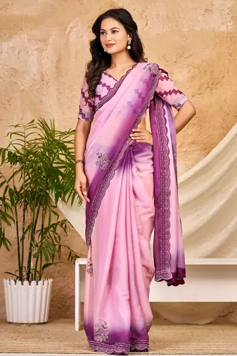 purple pink chocolate silk blend saree embellished border work