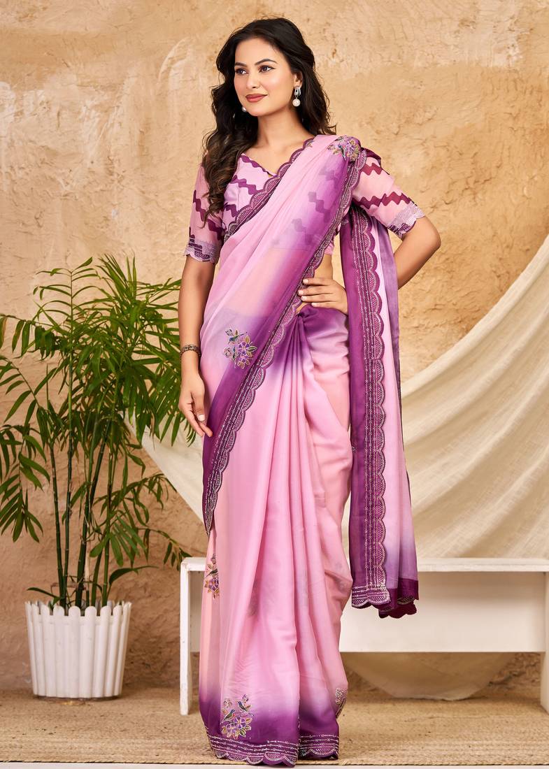 purple pink chocolate silk blend saree embellished border work (sfsrsk1010)