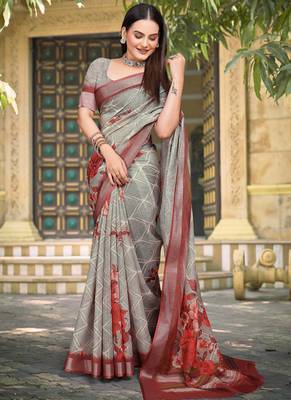 grey red cotton blend saree with floral print 4