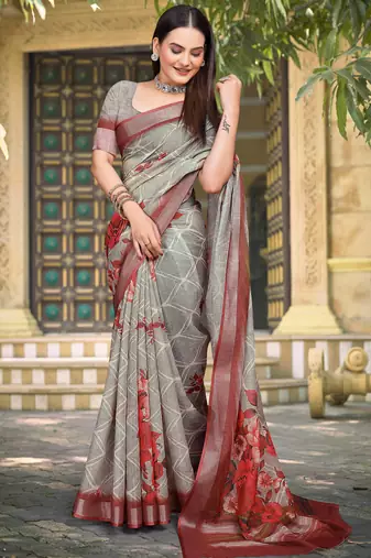 grey red cotton blend saree with floral print