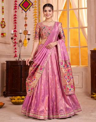 Light Pink Shimmer Zari Weaving Lehenga Choli with Dupatta 1