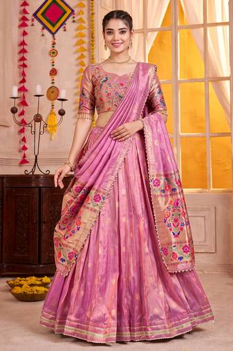 Light Pink Shimmer Zari Weaving Lehenga Choli with Dupatta