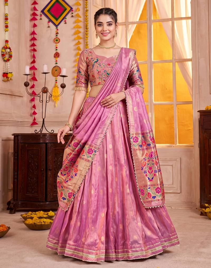 Light Pink Shimmer Zari Weaving Lehenga Choli with Dupatta