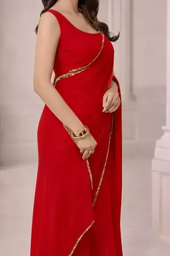 Georgette Saree with Designer Blouse & Golden Lace Border     Party Wear & Wedding Collection