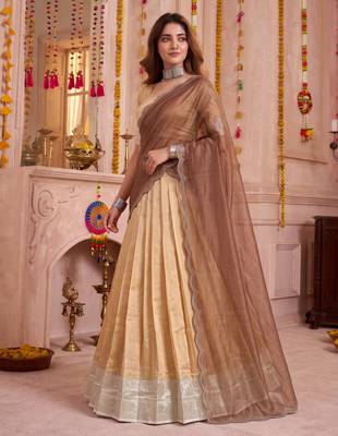 Cream Kanchipuram Zari Weaving Lehenga Choli with Dupatta 2