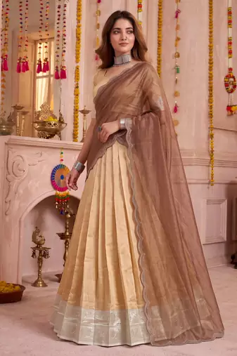 Cream Kanchipuram Zari Weaving Lehenga Choli with Dupatta