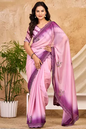 purple pink chocolate silk blend saree embellished border work