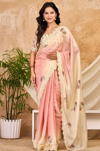 peach cream chocolate silk blend saree with embellished border