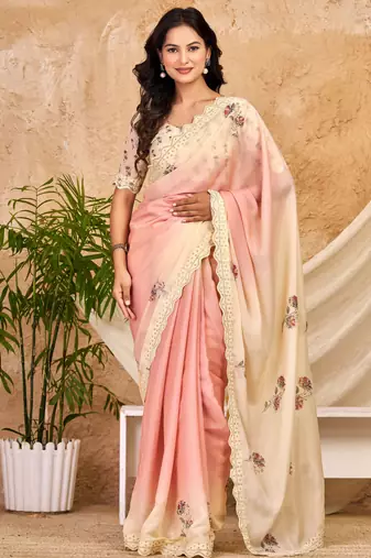peach cream chocolate silk blend saree with embellished border