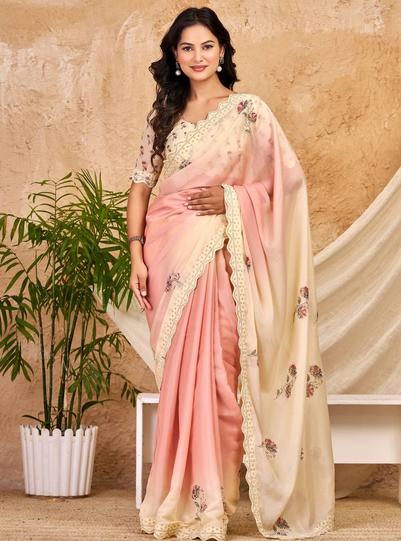 peach cream chocolate silk blend saree with embellished border (sfsrsk1009)