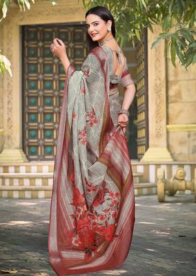 grey red cotton blend saree with floral print 5
