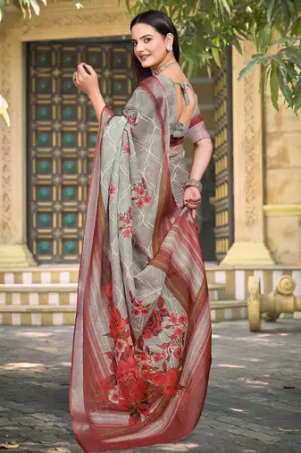 grey red cotton blend saree with floral print