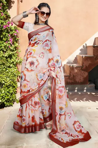 white multicolor cotton blend saree with floral print